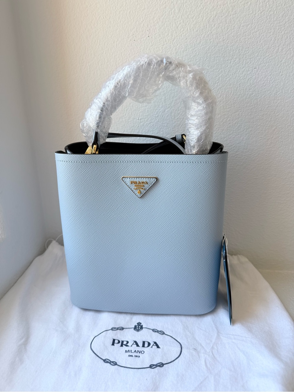 Prada Powder Blue Saffiano Leather Bucket Top-Handle Tote | Full Set| Authentic